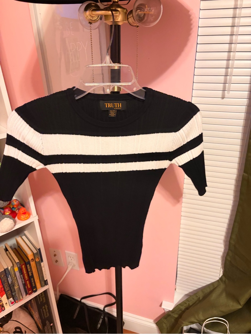 TRUTH Black & White Striped Ribbed Short-Sleeve Crew Sweater